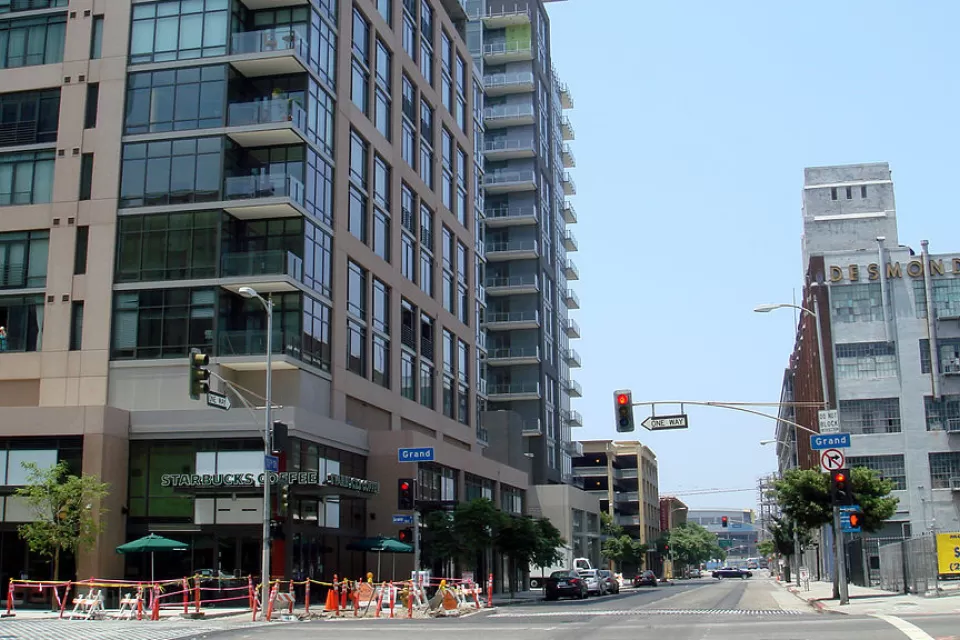 The gentrifying street-scape of the South Park neighborhood of downtown Los Angeles, California